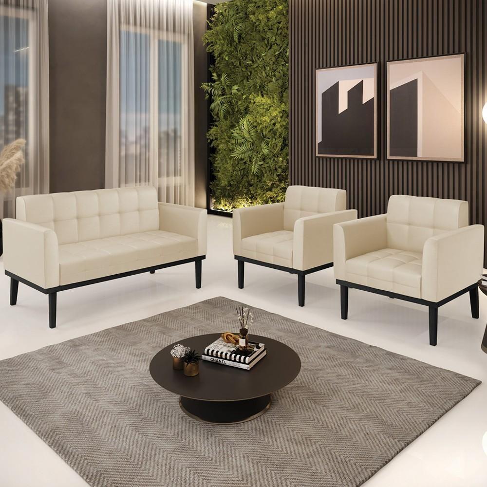 Sofá Namoradeira E 2 Poltronas Base Madeira Preto Ana Sintético Bege - Ibiza - 2