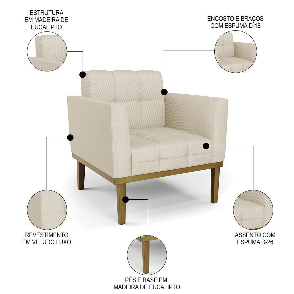 Sofá Namoradeira E 2 Poltronas Base Madeira Castanho Ana Veludo Luxo Off White - Ibiza - 9