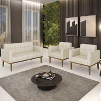 Sofá Namoradeira E 2 Poltronas Base Madeira Castanho Ana Veludo Luxo Off White - Ibiza - 5