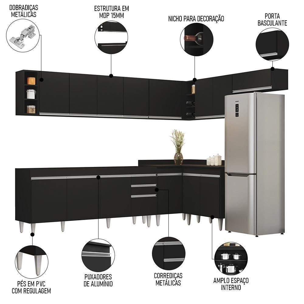 Armário De Cozinha Modulado De Canto 8 Peças Cp25 Balcão Sem Tampo Preto - Lumil - 3