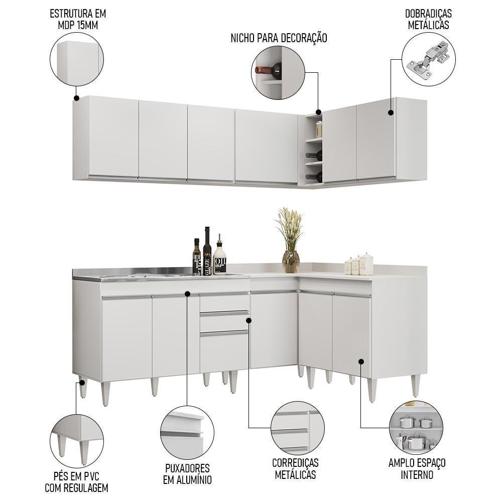 Armário De Cozinha Modulado De Canto 6 Peças Cp30 Com Pia Inox Branco - Lumil - 3