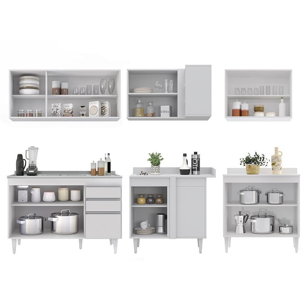 Armário De Cozinha Modulado De Canto 6 Peças Cp30 Com Pia Inox Branco - Lumil - 6