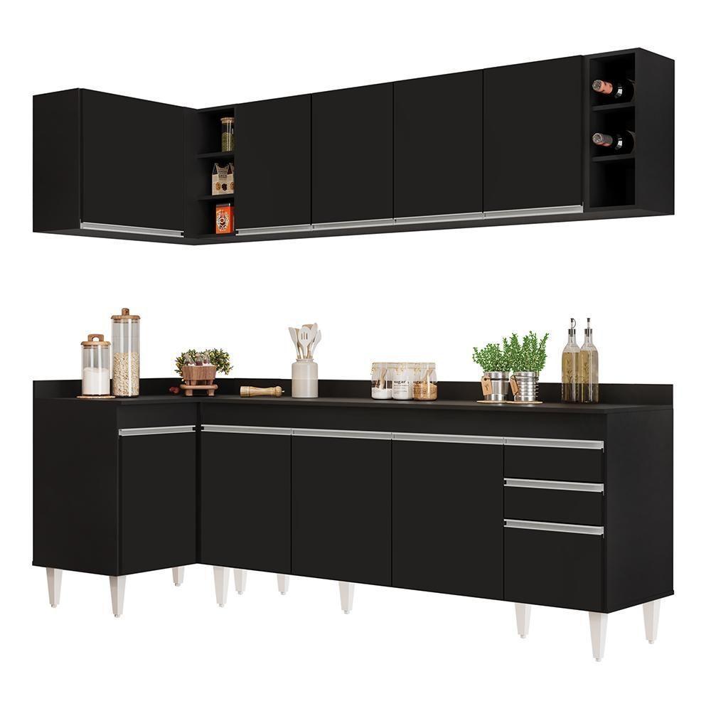 Armário De Cozinha Modulado De Canto Direito 5 Peças Cp44 Balcão Com Tampo Preto - Lumil - 1
