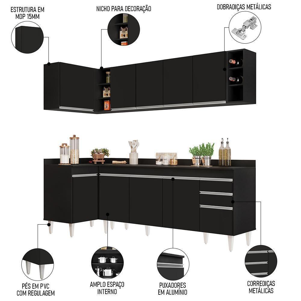 Armário De Cozinha Modulado De Canto Direito 5 Peças Cp44 Balcão Com Tampo Preto - Lumil - 3