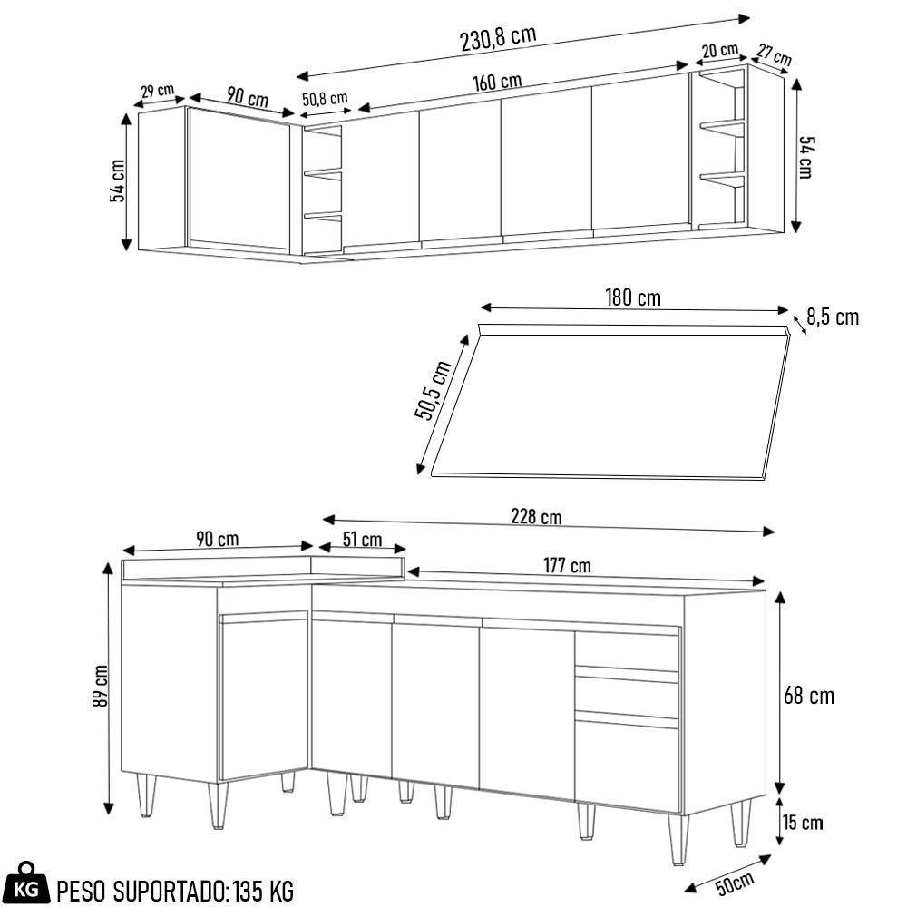Armário De Cozinha Modulado De Canto Direito 5 Peças Cp44 Balcão Com Tampo Preto - Lumil - 4