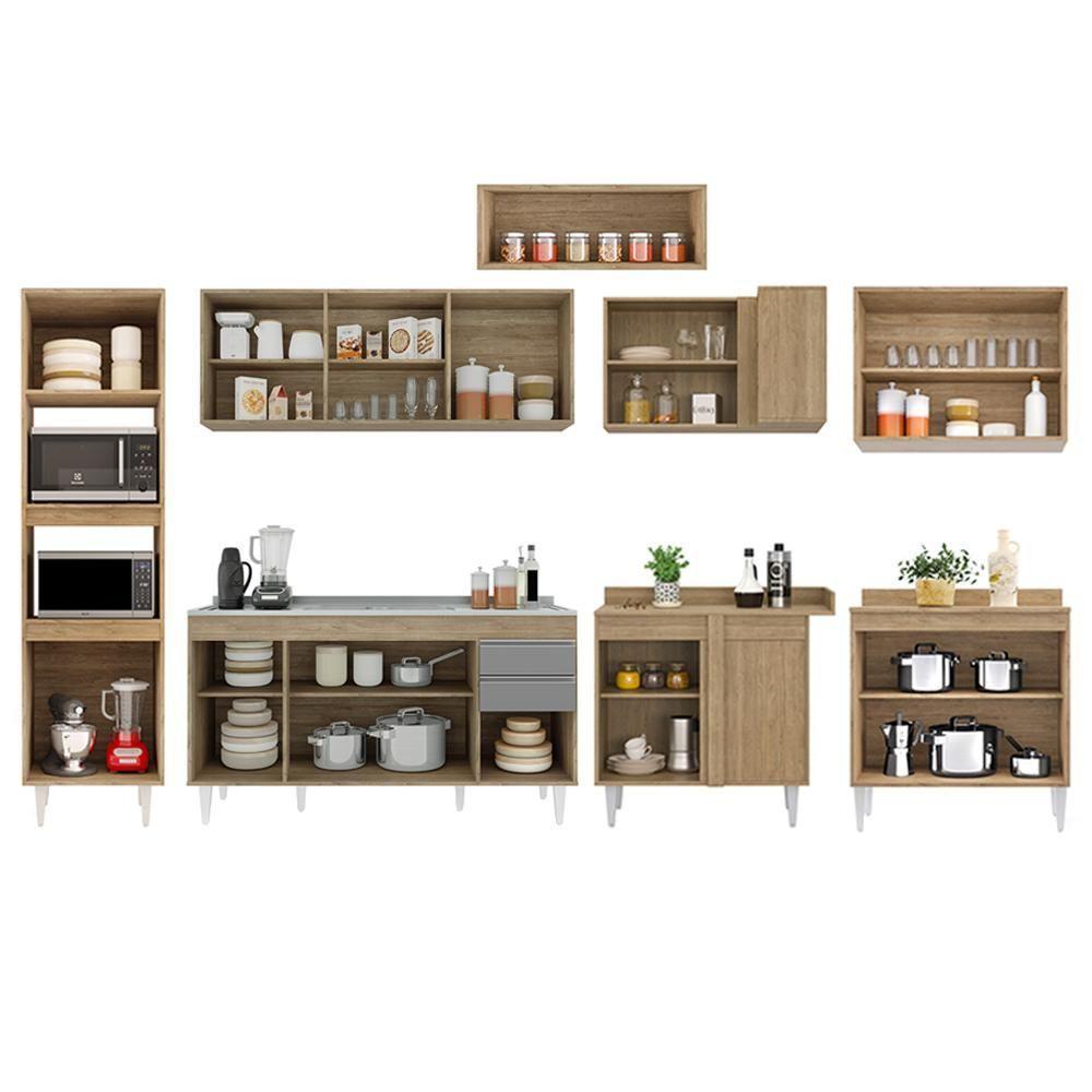 Armário De Cozinha Modulada De Canto 8 Peças Cp09 Balcão Com Pia Inox Castanho/cinza - Lumil - 5