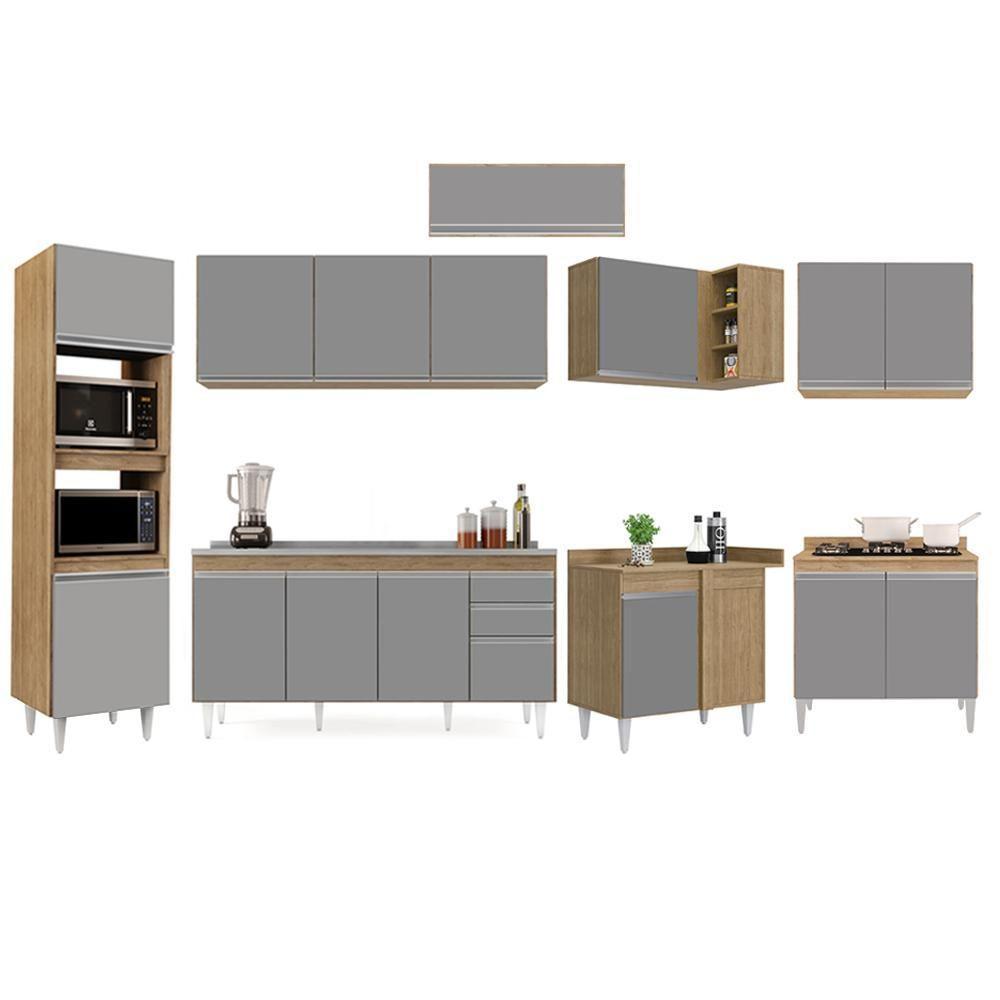 Armário De Cozinha Modulada De Canto 8 Peças Cp09 Balcão Com Pia Inox Castanho/cinza - Lumil - 6