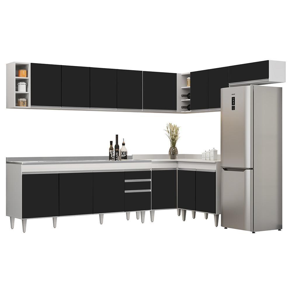 Armário De Cozinha Modulado De Canto 8 Peças Cp27 Com Pia Inox Branco/preto - Lumil - 1