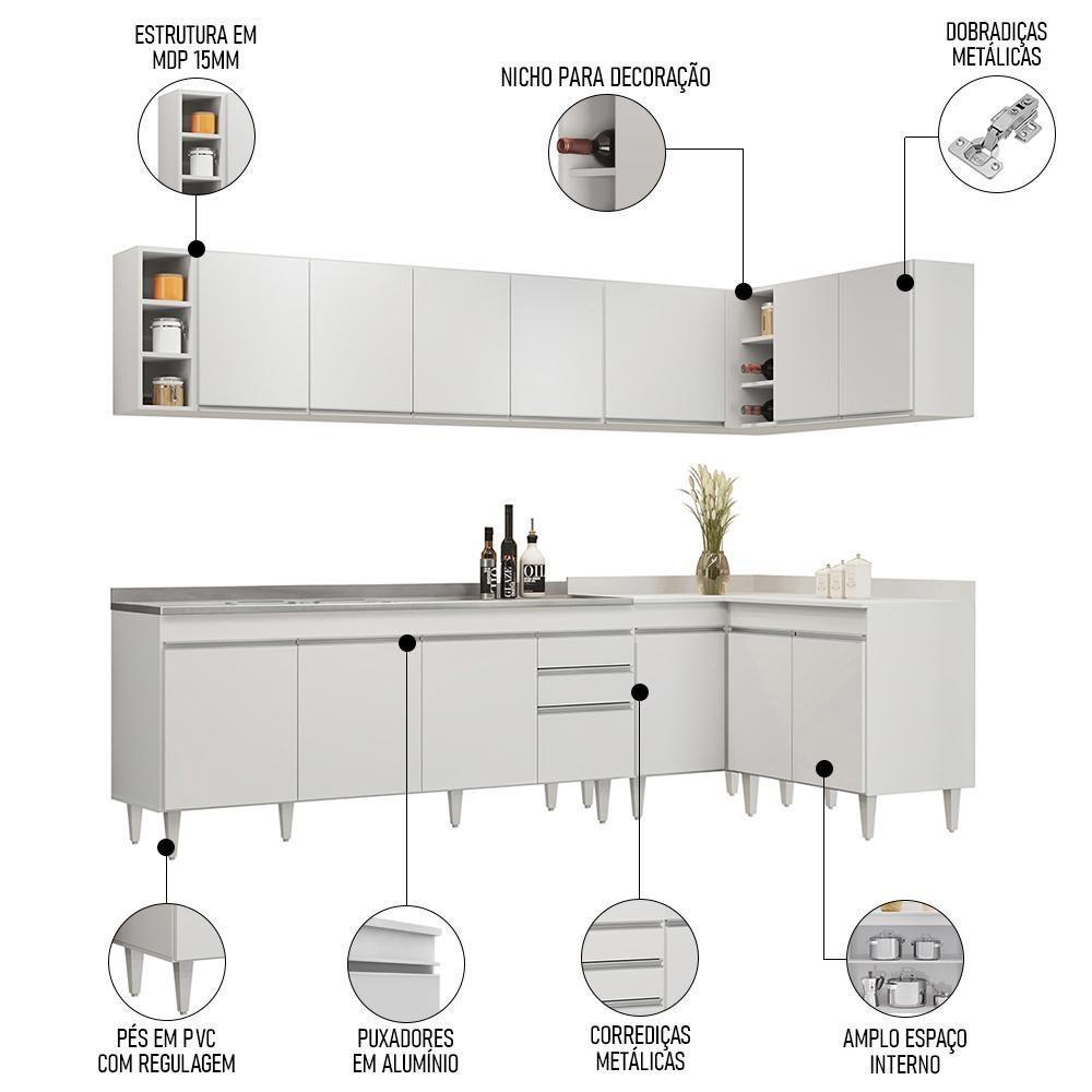 Armário De Cozinha Modulado De Canto 7 Peças Cp36 Com Pia Inox Branco - Lumil - 3