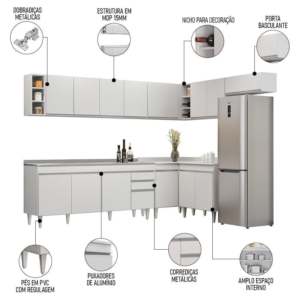 Armário De Cozinha Modulado De Canto 8 Peças Cp27 Com Pia Inox Branco - Lumil - 3