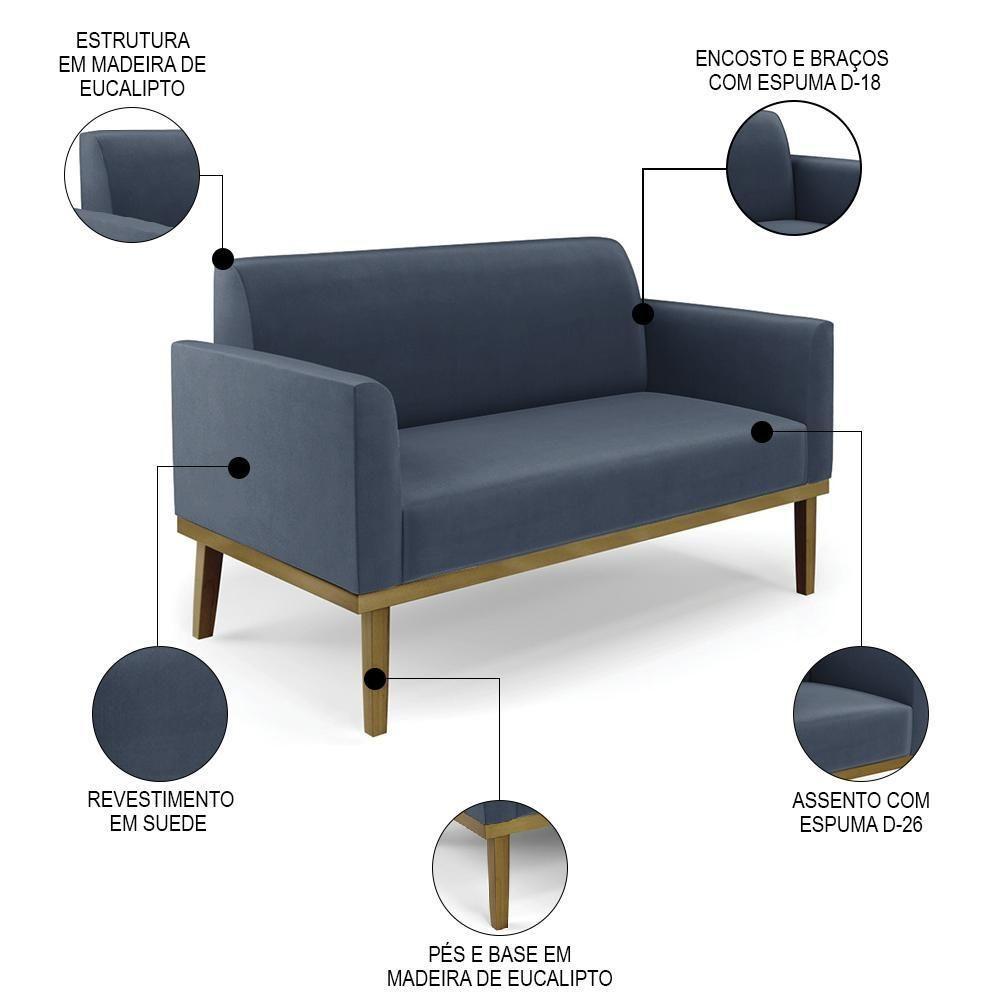 Sofá Namoradeira Base Madeira Castanho Maressa Suede Azul Marinho - Ibiza - 3