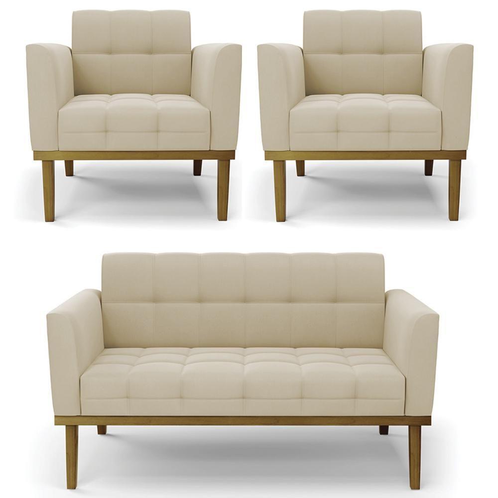 Sofá Namoradeira E 2 Poltronas Base Madeira Castanho Ana Suede Bege - Ibiza - 1