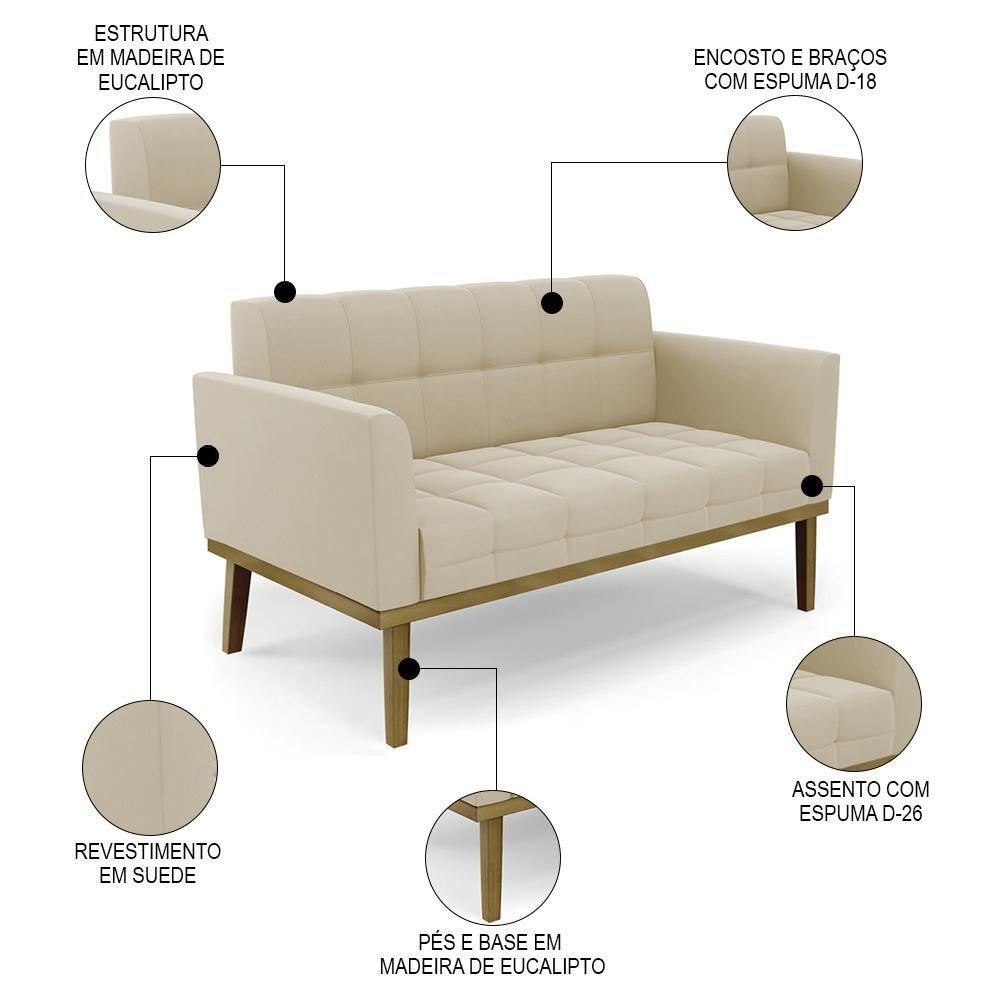 Sofá Namoradeira E 2 Poltronas Base Madeira Castanho Ana Suede Bege - Ibiza - 10