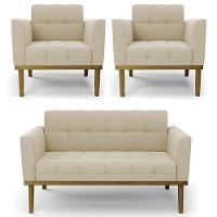 Sofá Namoradeira E 2 Poltronas Base Madeira Castanho Ana Suede Bege - Ibiza - 1