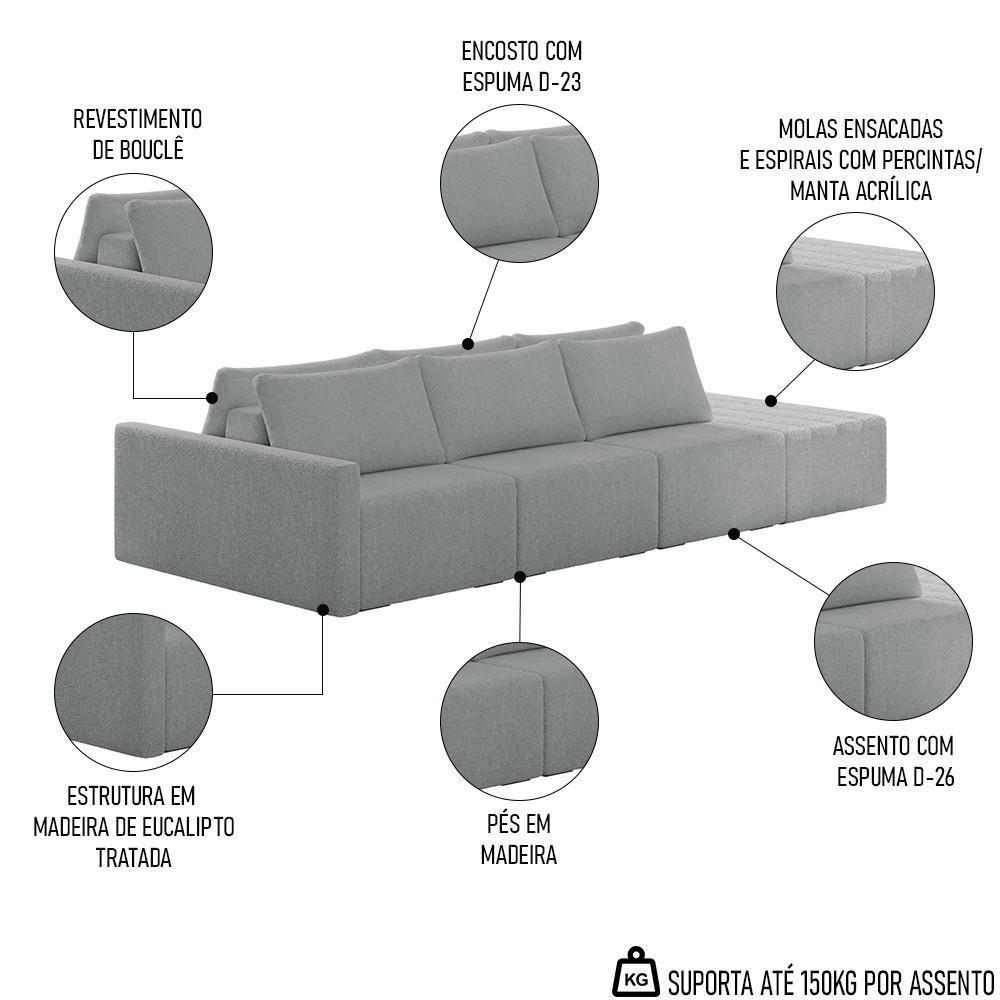 Sofá Ilha Modular Com Puff Para Sala Living 342cm Georgia K04 Bouclê Cinza Claro - Mpozenato - 3