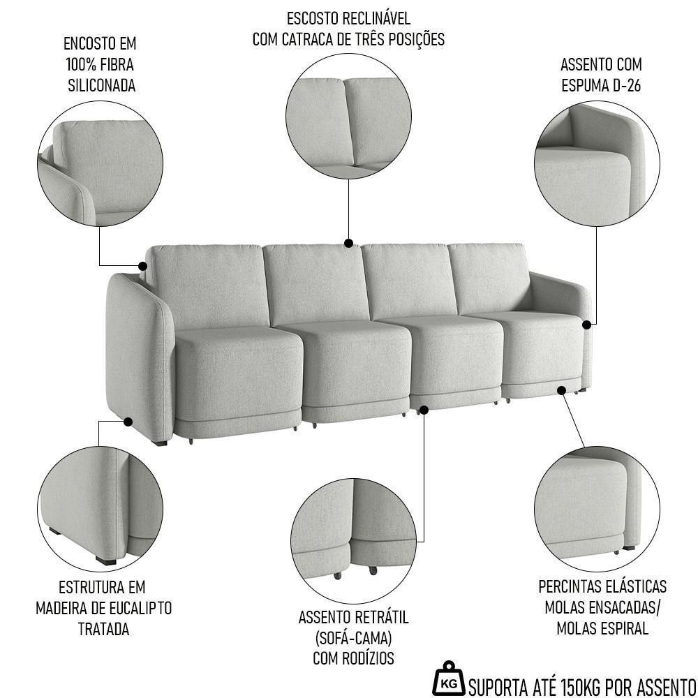 Sofá Cama Casal Para Sala 316cm Polska K04 Linho Cinza - Mpozenato - 3