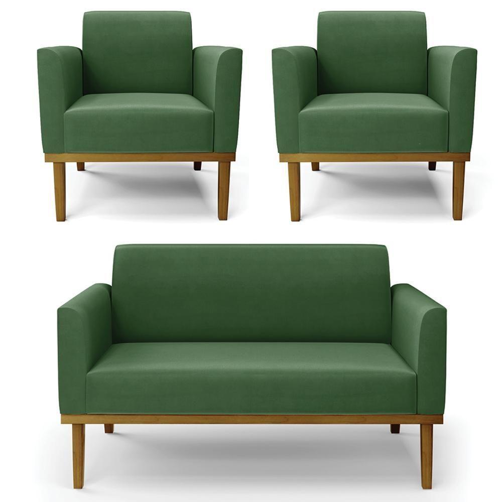 Sofá Namoradeira E 2 Poltronas Base Madeira Castanho Maressa Suede Verde - Ibiza - 1