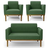 Sofá Namoradeira E 2 Poltronas Base Madeira Castanho Maressa Suede Verde - Ibiza - 1