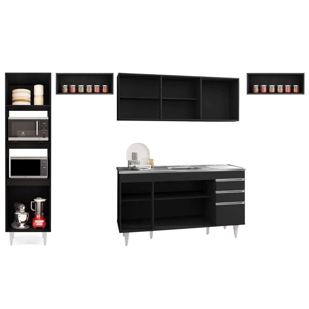 Armário De Cozinha Modulada 5 Peças Cp15 Balcão Com Pia Inox Preto - Lumil - 5