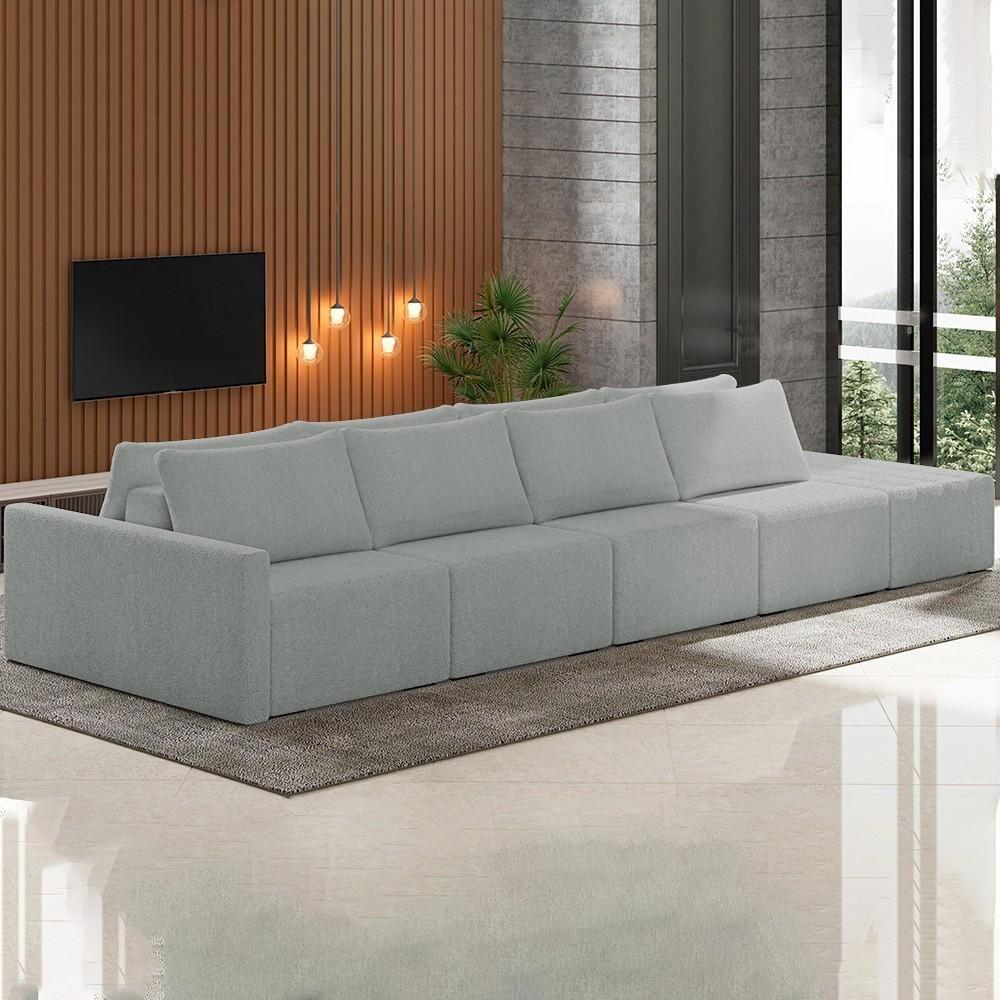 Sofá Ilha Modular Com Puff Para Sala Living 432cm Georgia K04 Bouclê Cinza Claro - Mpozenato - 2