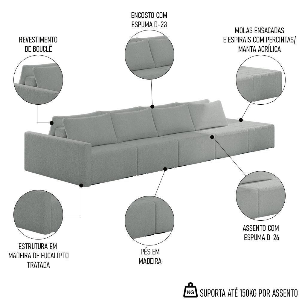 Sofá Ilha Modular Com Puff Para Sala Living 432cm Georgia K04 Bouclê Cinza Claro - Mpozenato - 3