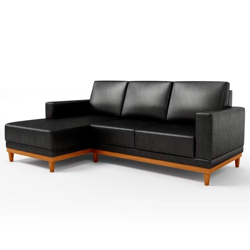 Sofá 3 Lugares 200cm Living Com Chaise Esquerdo Sala De Estar Kayrós D05 Sintético Preto - Mpozenato - 1
