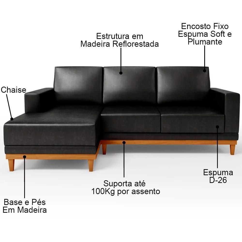 Sofá 3 Lugares 200cm Living Com Chaise Esquerdo Sala De Estar Kayrós D05 Sintético Preto - Mpozenato - 4