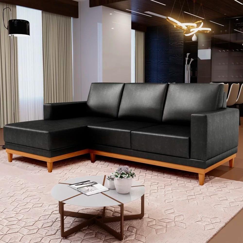 Sofá 3 Lugares 200cm Living Com Chaise Esquerdo Sala De Estar Kayrós D05 Sintético Preto - Mpozenato - 6