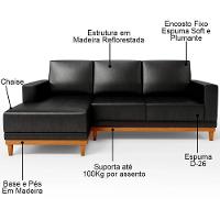 Sofá 3 Lugares 200cm Living Com Chaise Esquerdo Sala De Estar Kayrós D05 Sintético Preto - Mpozenato