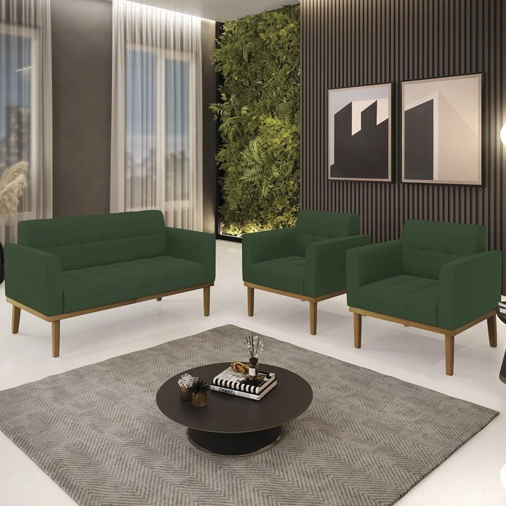 Sofá Namoradeira E 2 Poltronas Base Madeira Castanho Ana Veludo Verde - Ibiza - 2