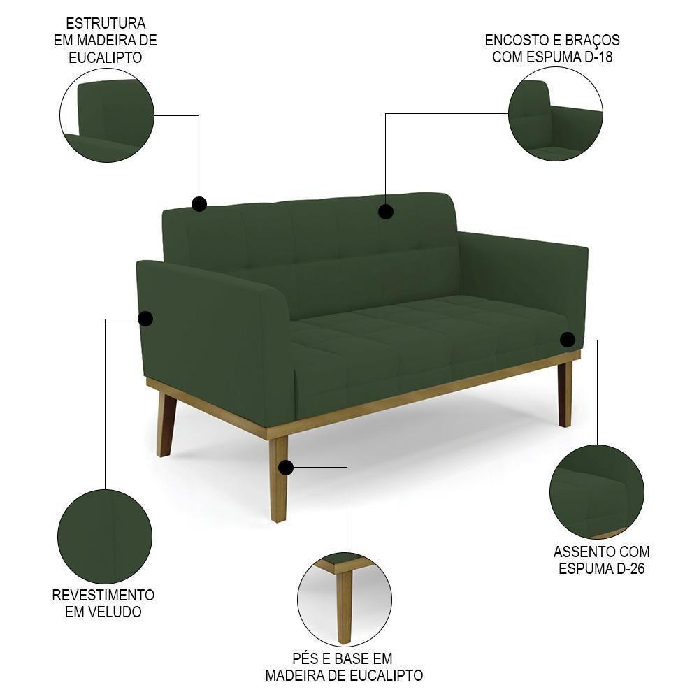 Sofá Namoradeira E 2 Poltronas Base Madeira Castanho Ana Veludo Verde - Ibiza - 3