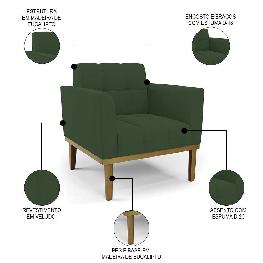 Sofá Namoradeira E 2 Poltronas Base Madeira Castanho Ana Veludo Verde - Ibiza - 5