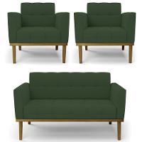 Sofá Namoradeira E 2 Poltronas Base Madeira Castanho Ana Veludo Verde - Ibiza - 1
