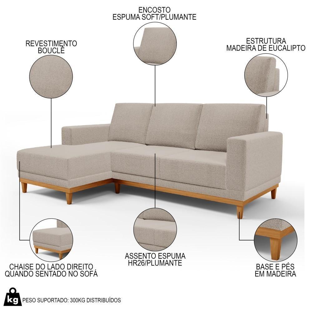 Sofá Living 200cm 3 Lugares Com Chaise Esquerdo Kayrós D05 Boucle Bege - Mpozenato - 4