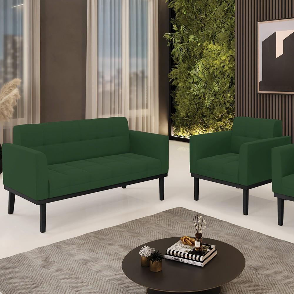 Sofá Namoradeira E 1 Poltrona Base Madeira Preto Ana Veludo Verde - Ibiza - 4