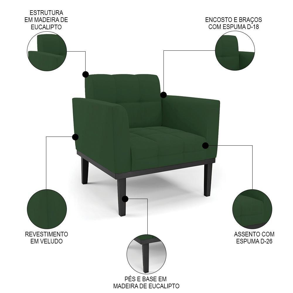 Sofá Namoradeira E 1 Poltrona Base Madeira Preto Ana Veludo Verde - Ibiza - 7