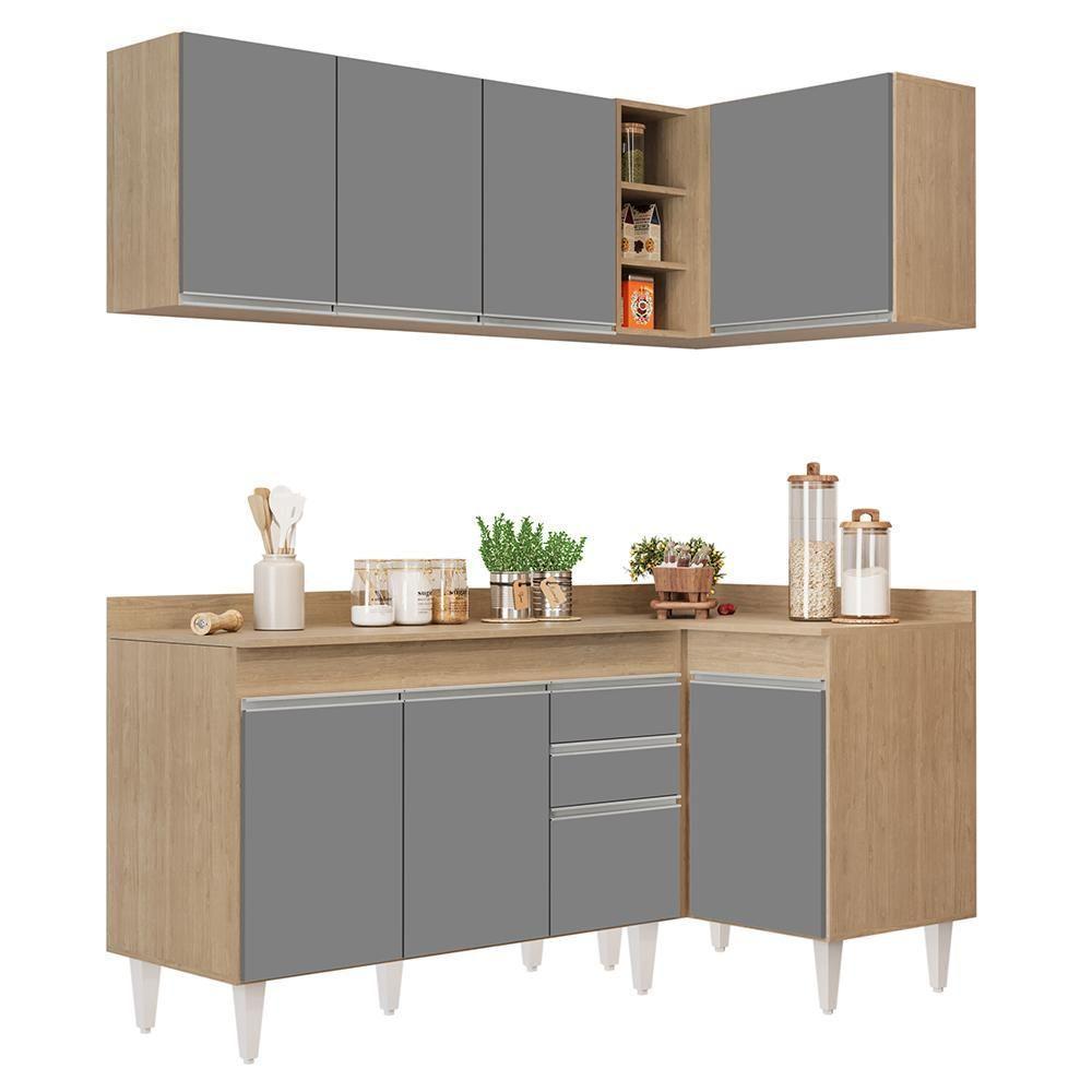 Armário De Cozinha Modulado De Canto Esquerdo 4 Peças Cp47 Balcão Com Tampo Castanho/cinza - Lumil - 1