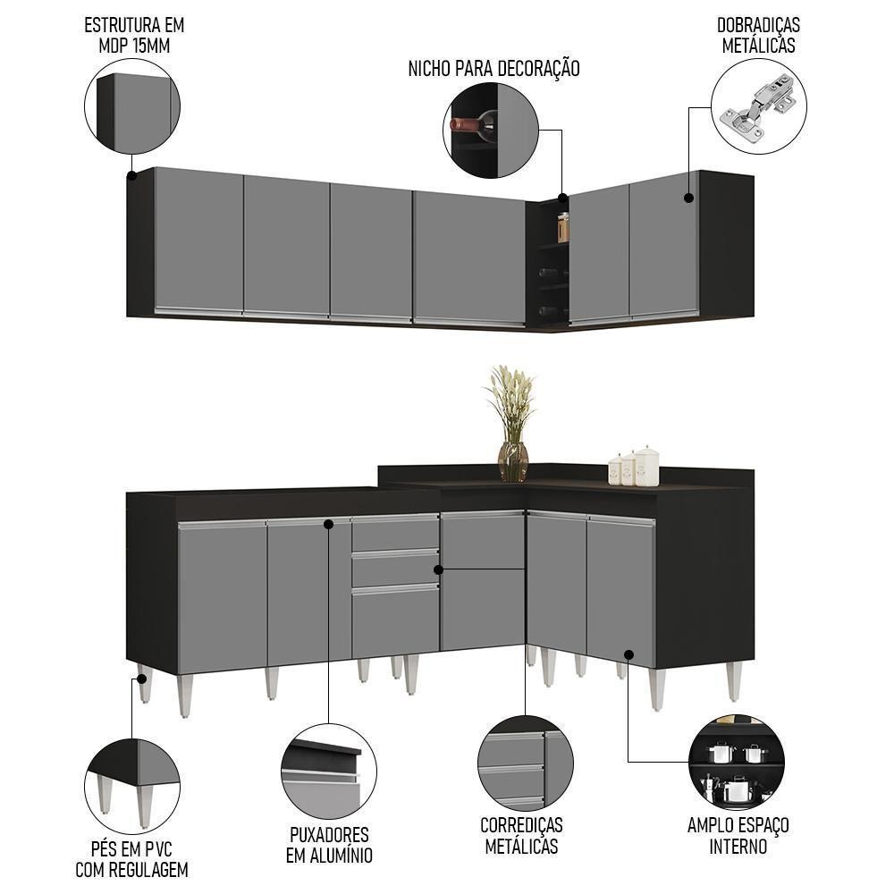 Armário De Cozinha Modulado De Canto 6 Peças Cp28 Balcão Sem Tampo Preto/cinza - Lumil - 7