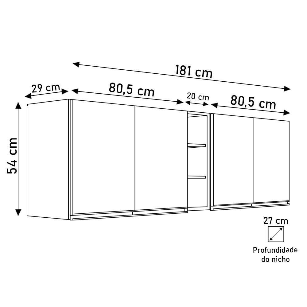 Armário De Cozinha Aéreo Califórnia 180cm Kit 2 Com Nicho Adega Branco - Lumil - 4