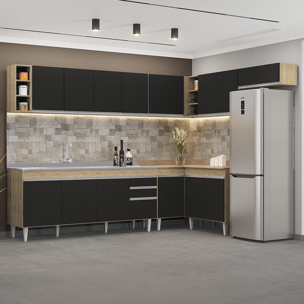 Armário De Cozinha Modulado De Canto 8 Peças Cp27 Com Pia Inox Castanho/preto - Lumil - 2