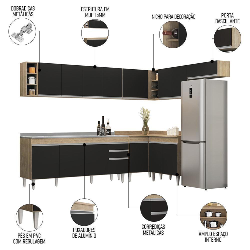 Armário De Cozinha Modulado De Canto 8 Peças Cp27 Com Pia Inox Castanho/preto - Lumil - 3