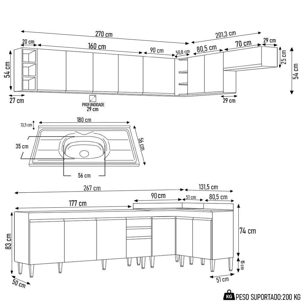 Armário De Cozinha Modulado De Canto 8 Peças Cp27 Com Pia Inox Castanho/preto - Lumil - 4