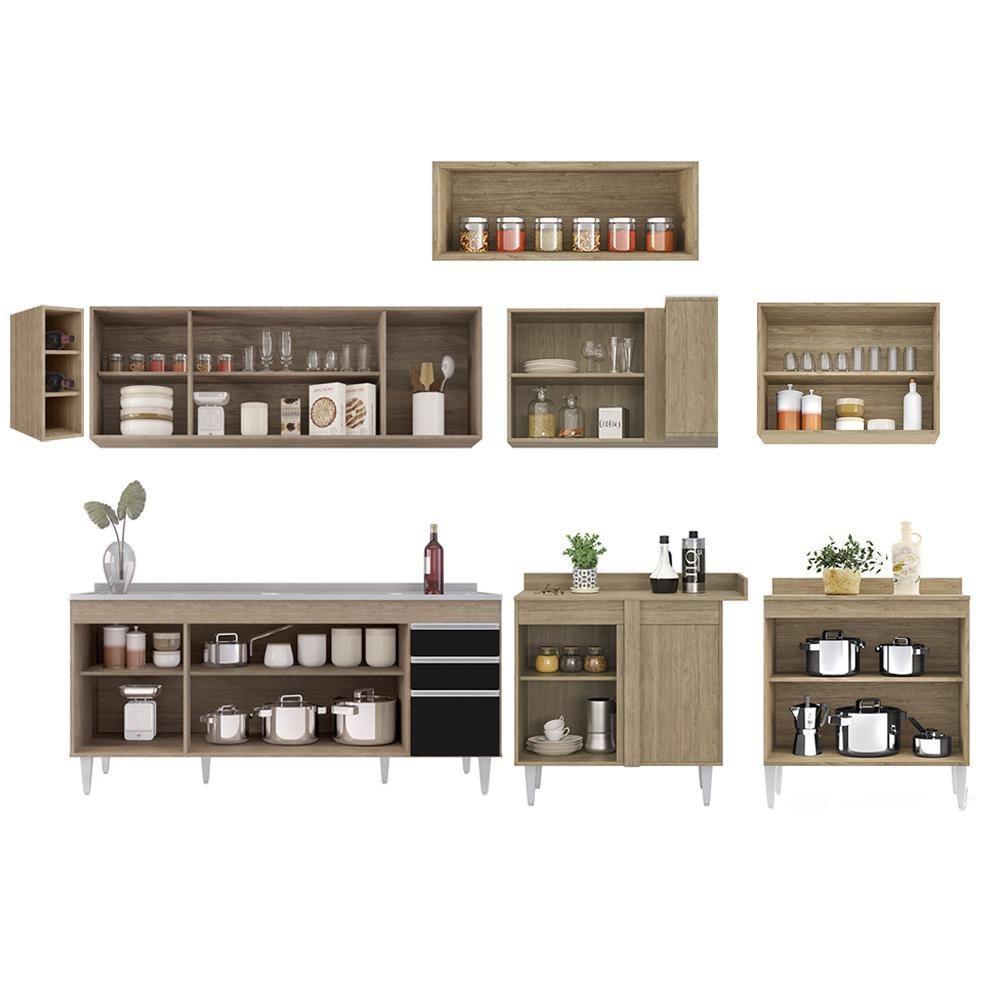 Armário De Cozinha Modulado De Canto 8 Peças Cp27 Com Pia Inox Castanho/preto - Lumil - 6