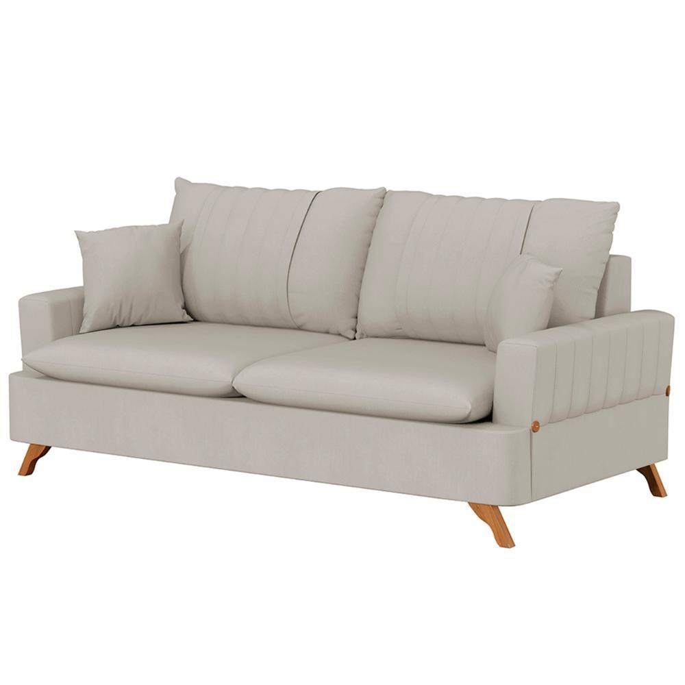 Sofá 200cm 3 Lugares Com Almofadas Pés Curvos Veras Suede D05 Bege Claro - Mpozenato - 1