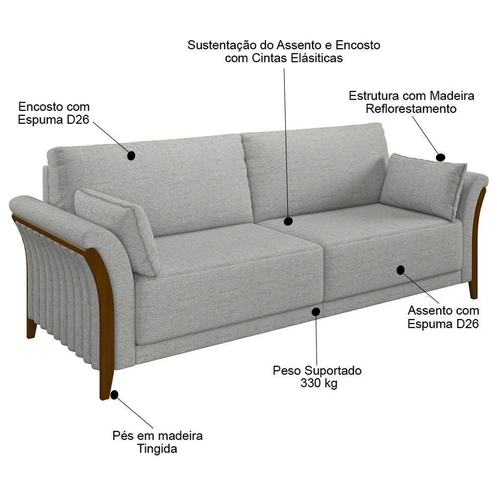 Sofá Living 3 Lugares 222cm Pés Madeira Roya M22 Linho Cinza - Mpozenato - 3