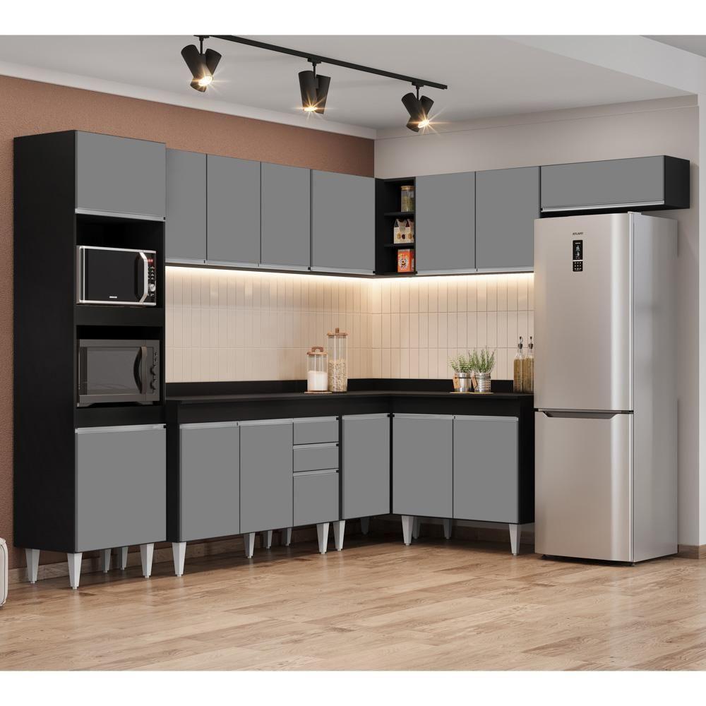 Armário De Cozinha Modulada De Canto 8 Peças Cp02 Balcão Com Tampo Preto/cinza - Lumil - 2