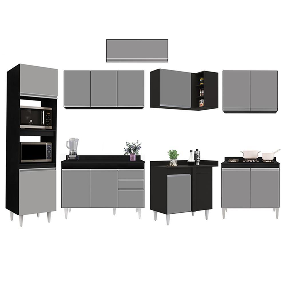 Armário De Cozinha Modulada De Canto 8 Peças Cp02 Balcão Com Tampo Preto/cinza - Lumil - 6