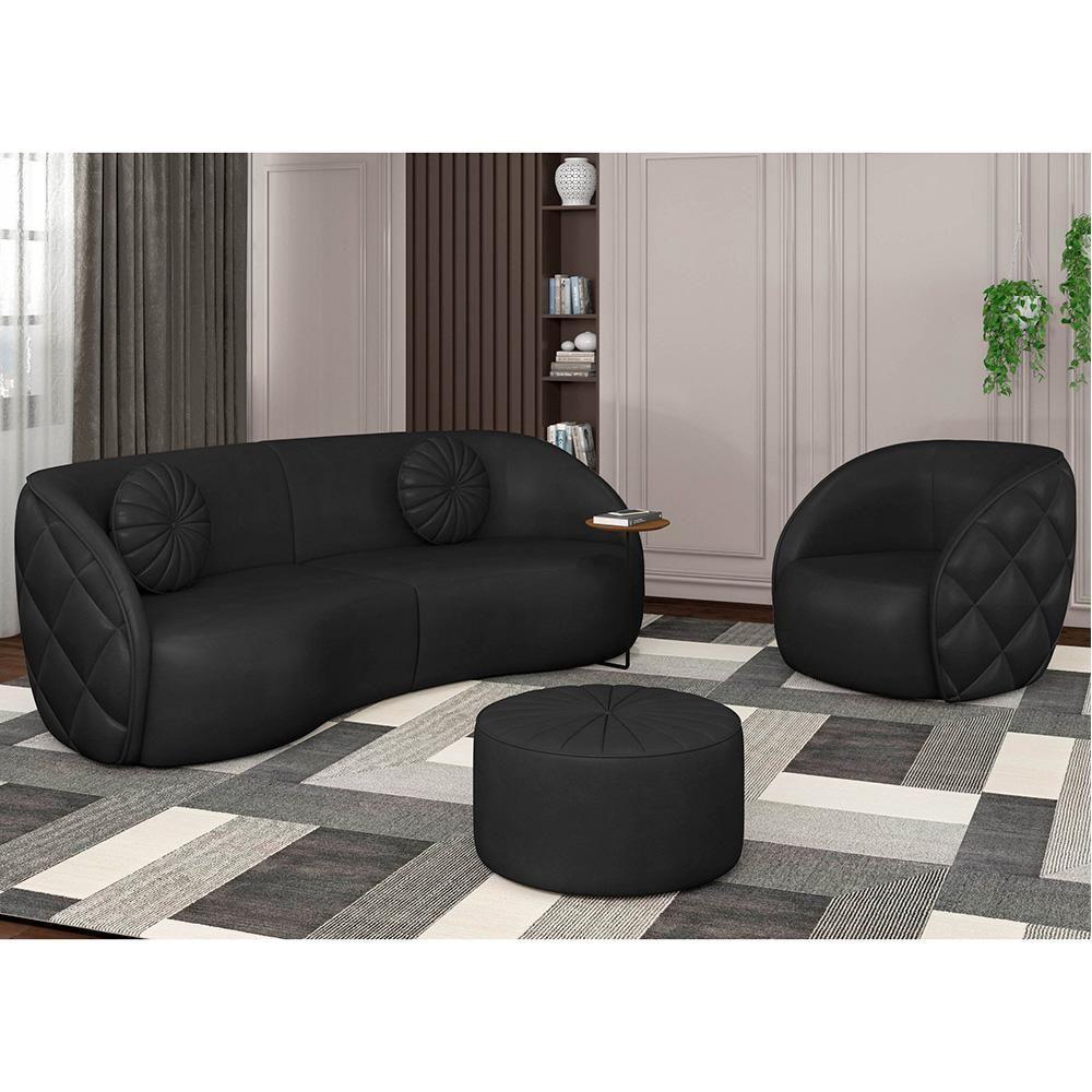 Sofá Decorativo 3 Lugares 288cm Com Almofadas E Poltrona Zion M22 Sintético Preto - Mpozenato - 2