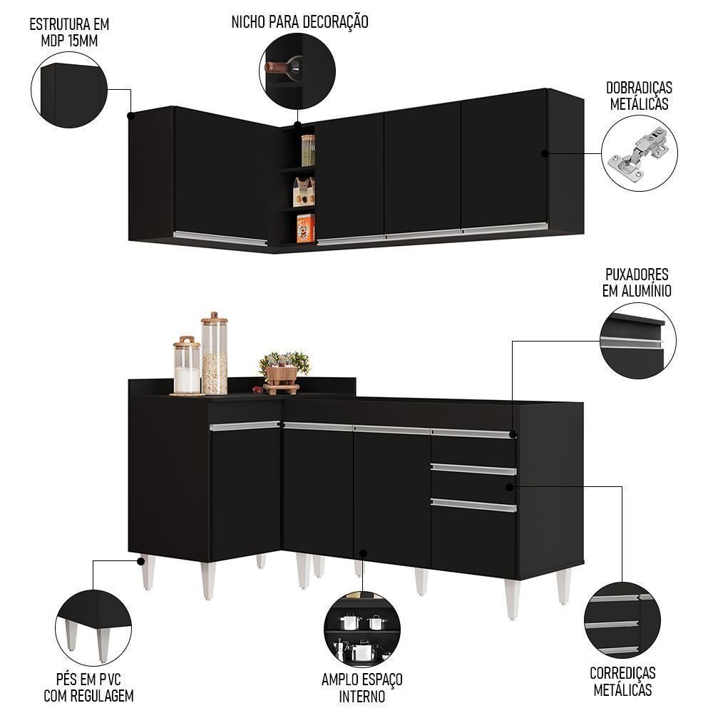 Armário De Cozinha Modulado De Canto Direito 4 Peças Cp37 Balcão Sem Tampo Preto - Lumil - 3