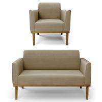 Sofá Namoradeira E 1 Poltrona Base Madeira Castanho Maressa Suede Marrom Rt - Ibiza - 1